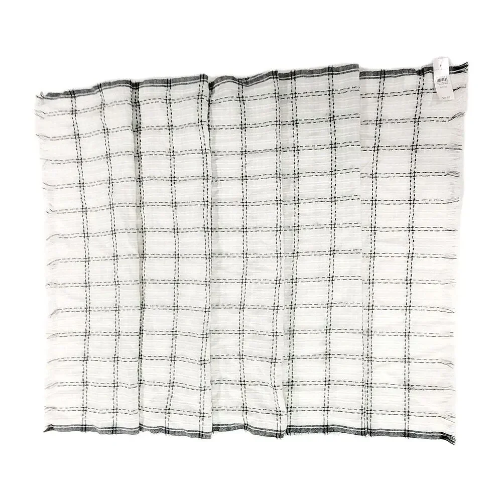 Ann Taylor Fringed Blanket Scarf White Black Plaid Gold Accents 80x27 NWT $70